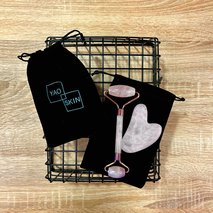 Gua Sha + Face Roller Set Rose Quartz